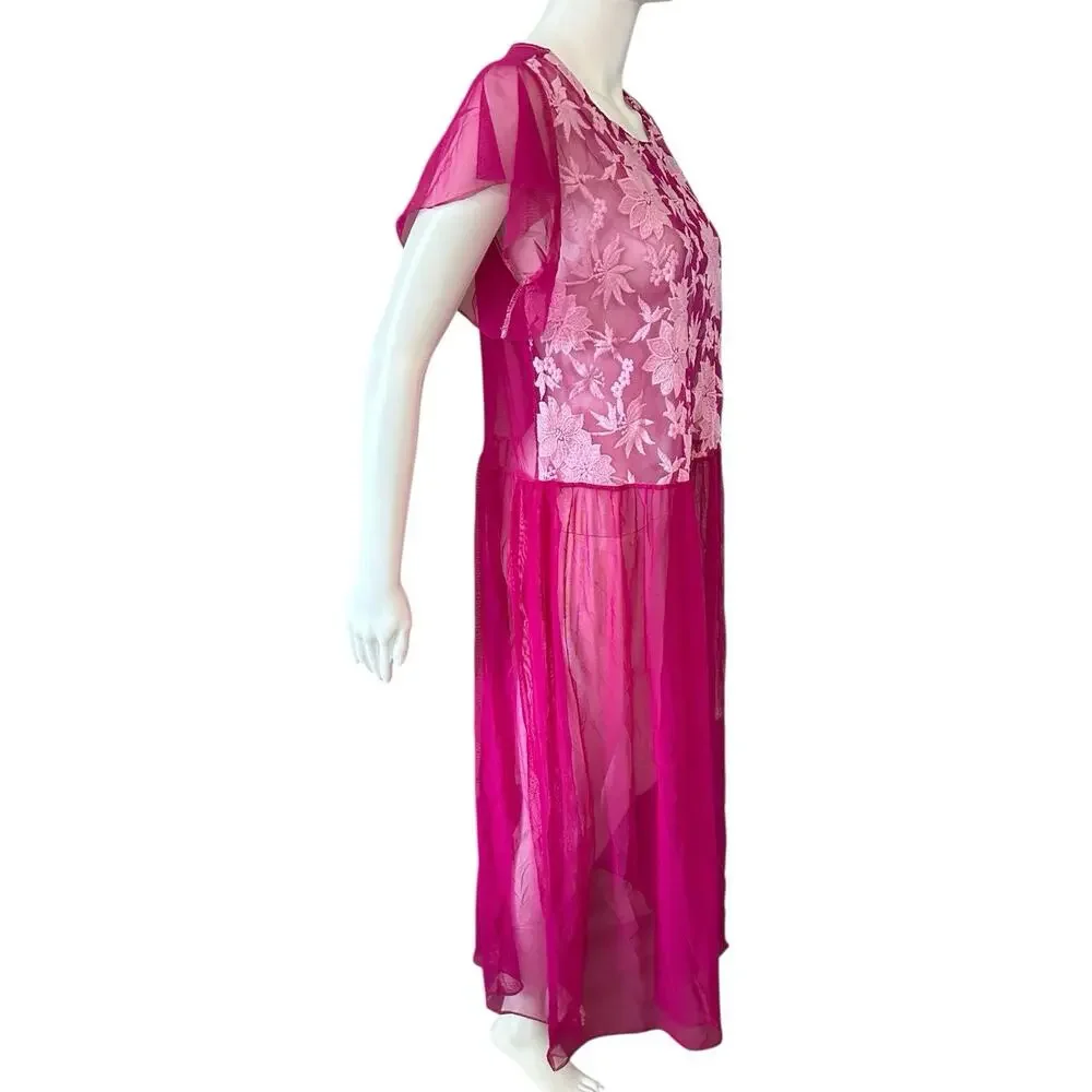 Vince Camuto Sz M Floral Embroidered Mesh Sheer Overlay Dress Pink Purple Maxi - Picture 4 of 9